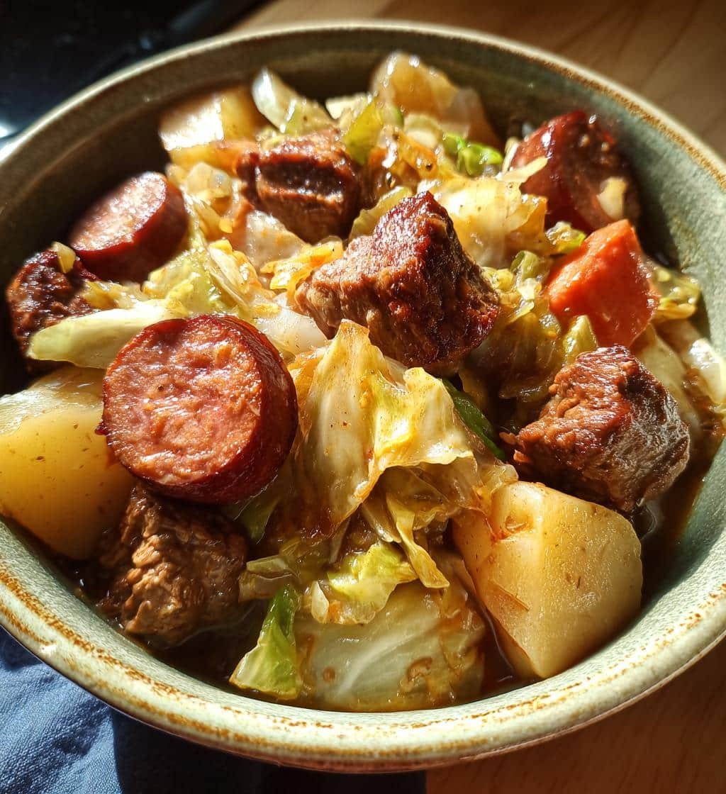 Crockpot Cubed Steak Cabbage, Sausage, and Potatoes
