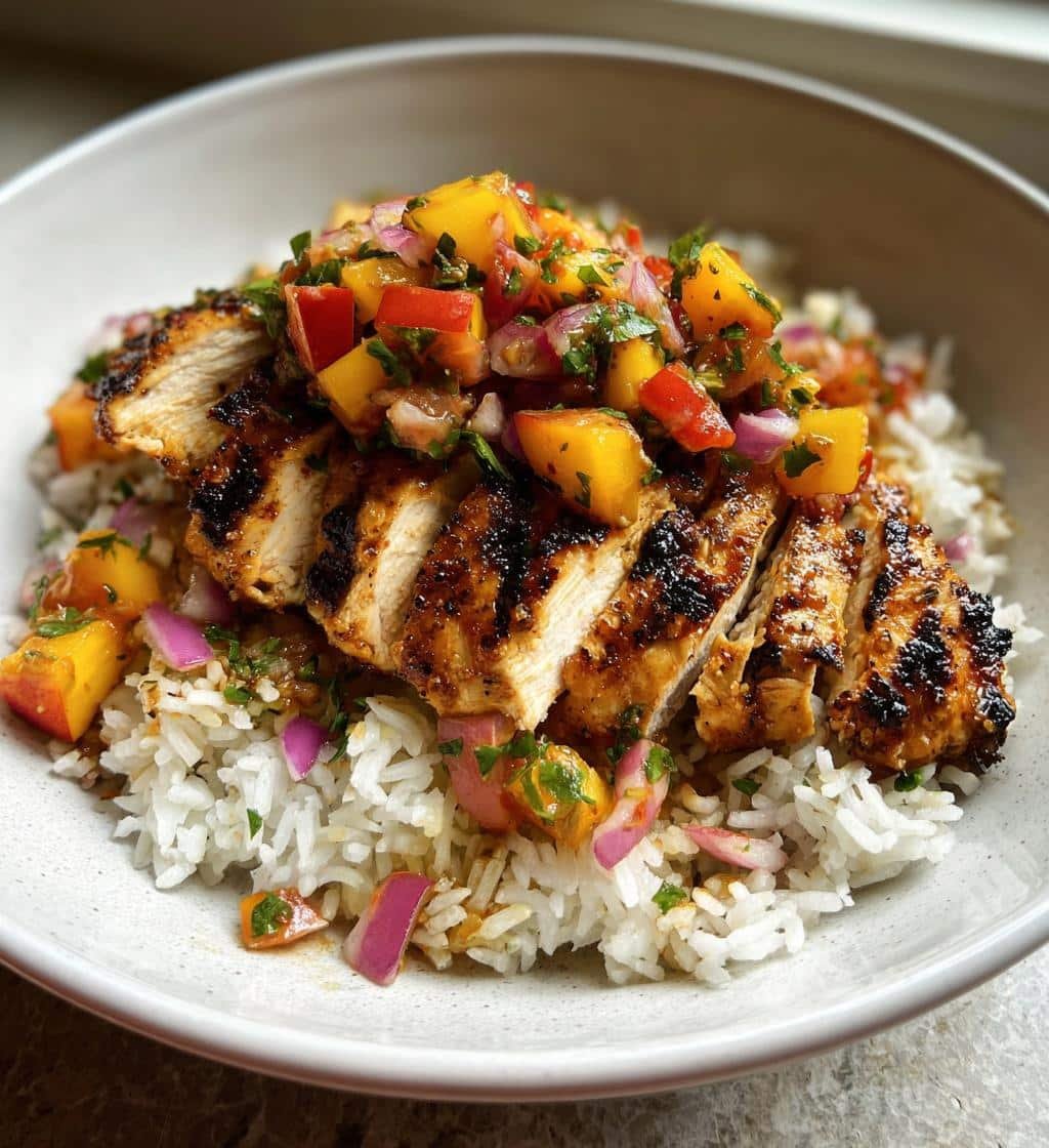 Delicious Cilantro-Lime Chicken Bowls with Peach Salsa