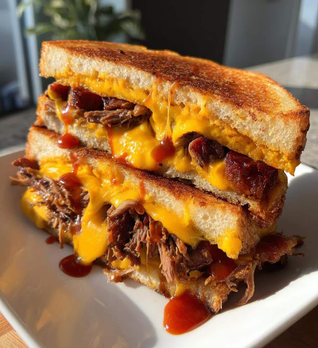 Double-Decker BBQ Brisket & Bacon Grilled Cheese Sandwiches - detail 1
