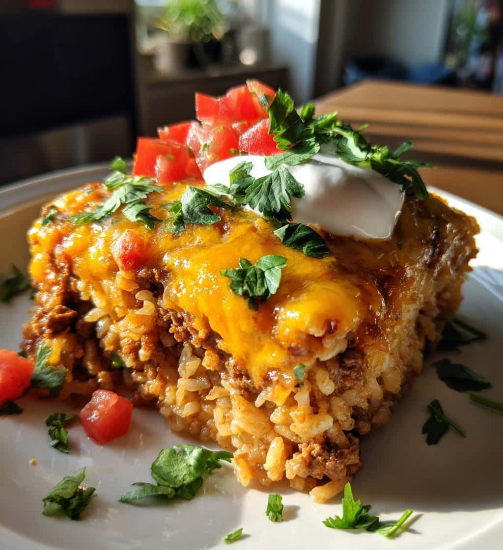 Easy Cheesy Ground Beef Taco Rice Bake