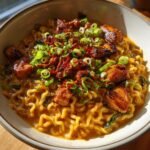 Fiery Chicken Ramen with Creamy Garlic Sauce