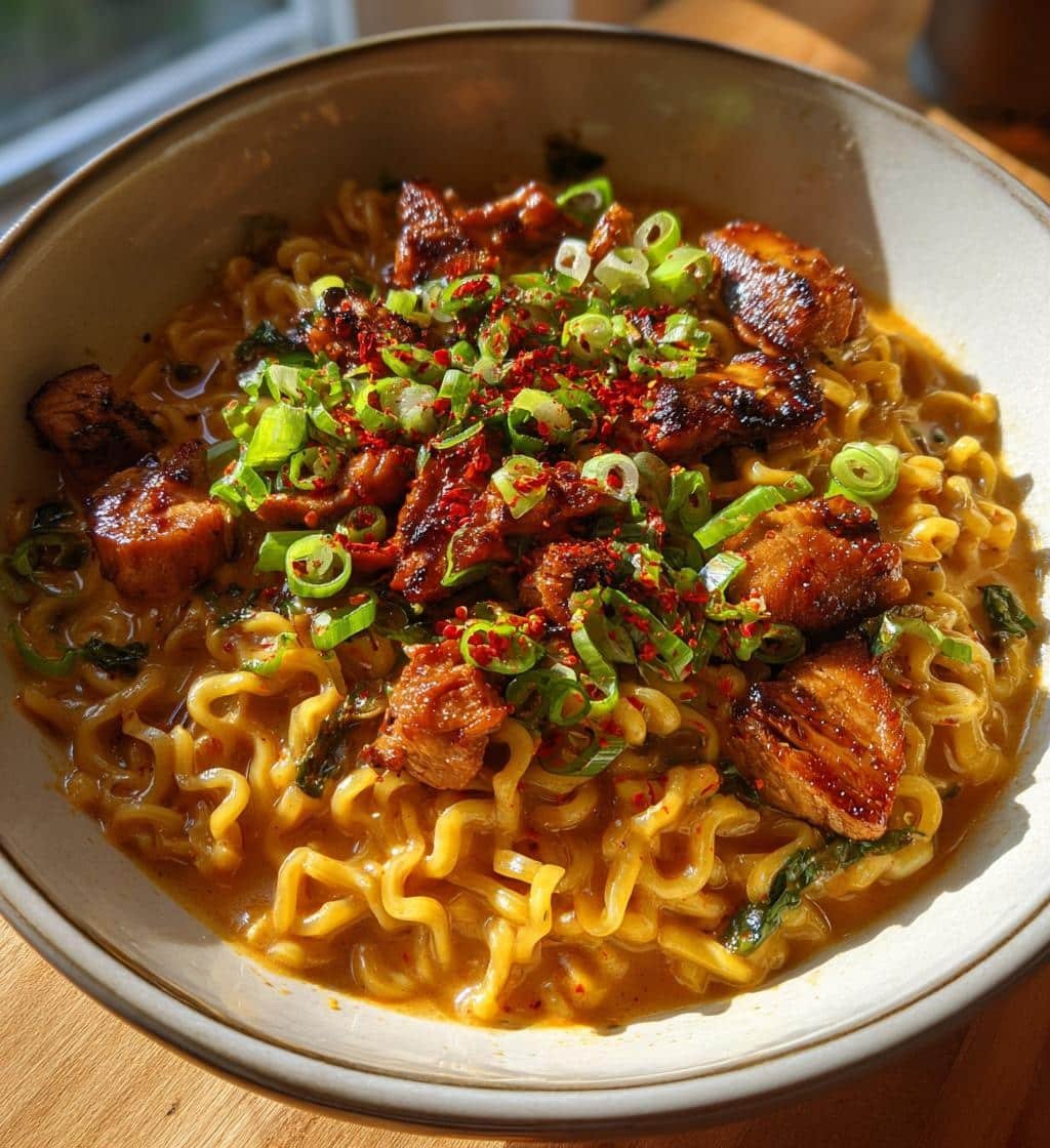 Fiery Chicken Ramen with Creamy Garlic Sauce
