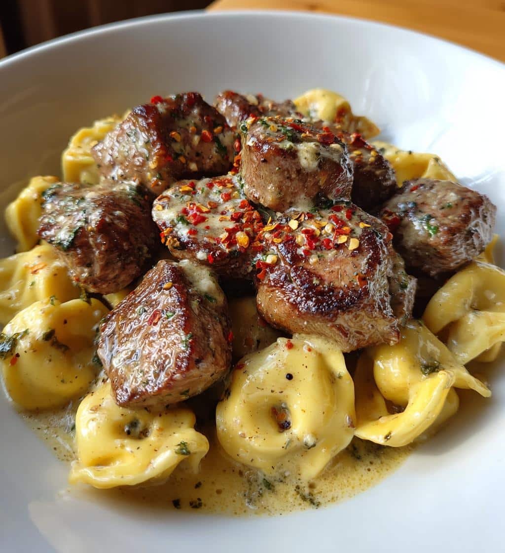 GARLIC BUTTER STEAK BITES & CREAMY ALFREDO TORTELLINI