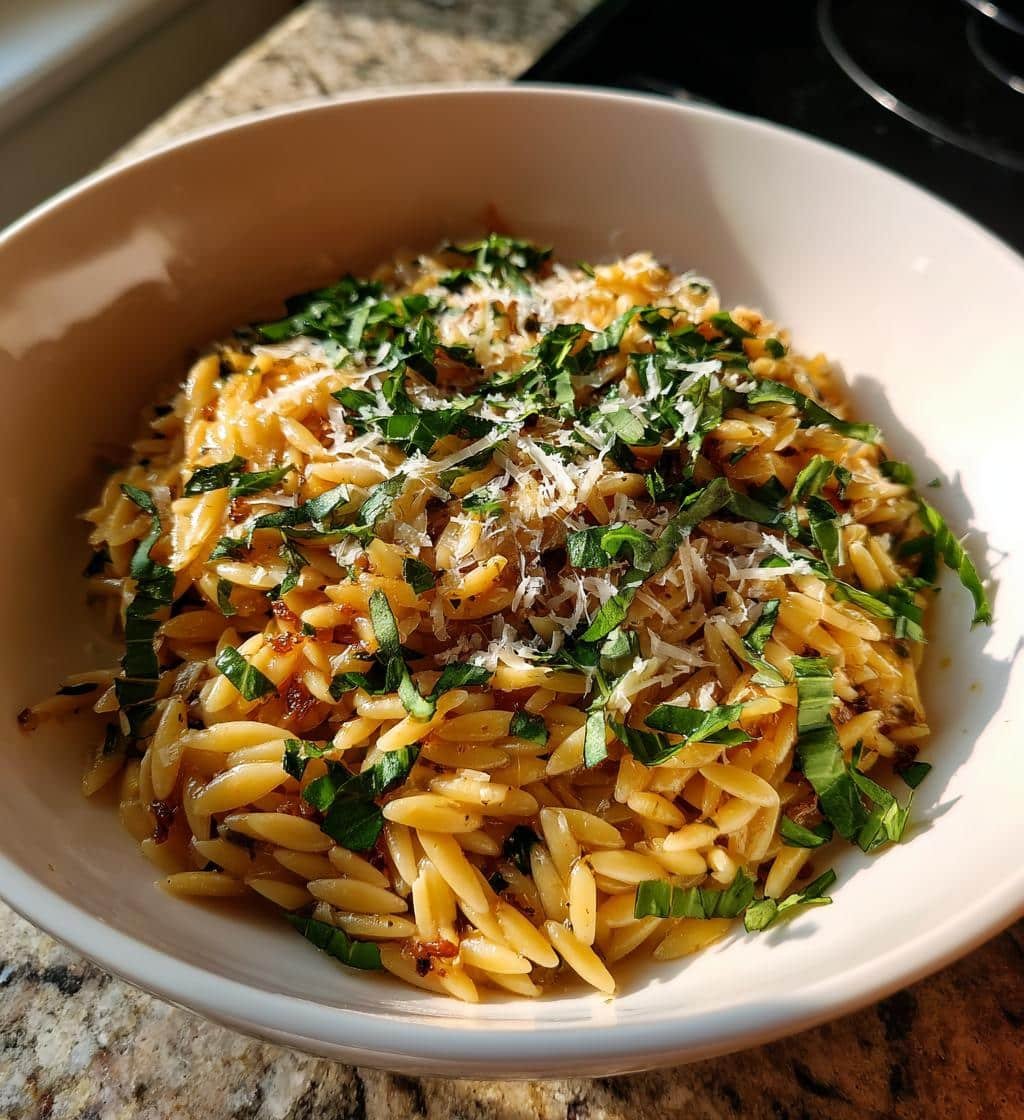 Healthy Caramelized Onion Orzo with Fresh Herbs