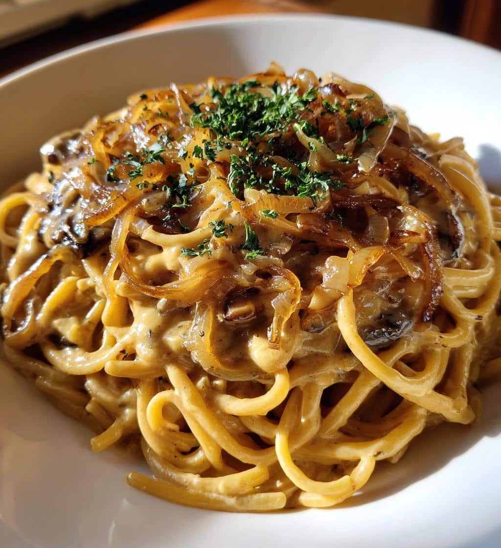 Healthy Creamy Caramelized Onion Alfredo Pasta