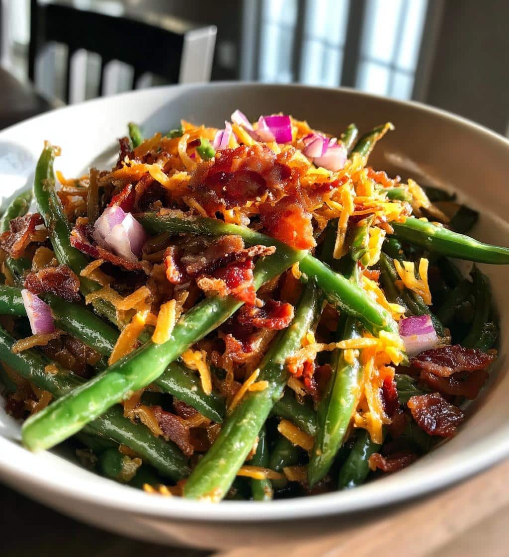 Healthy Loaded Green Bean Salad with Bacon and Cheddar