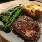Healthy Ribeye, broccolini and twice baked potato