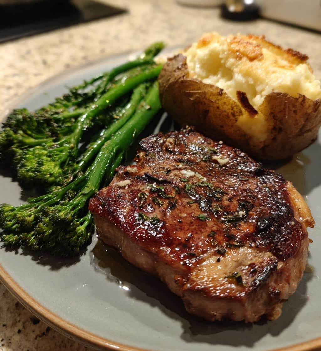 Healthy Ribeye, broccolini and twice baked potato