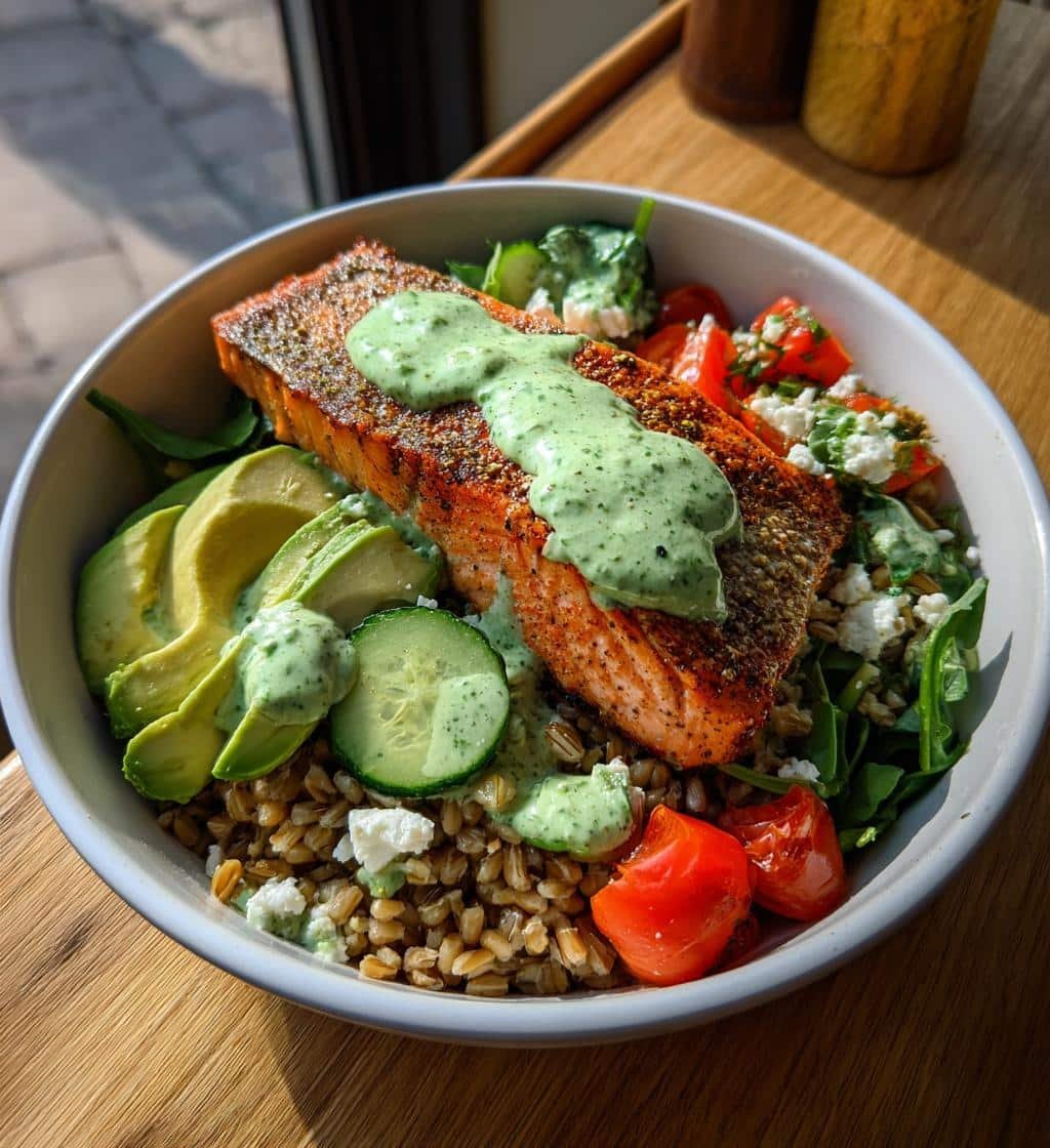 Healthy Salmon Farro Bowl with Green Goddess Dressing - detail 1
