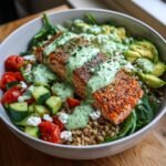 Healthy Salmon Farro Bowl with Green Goddess Dressing