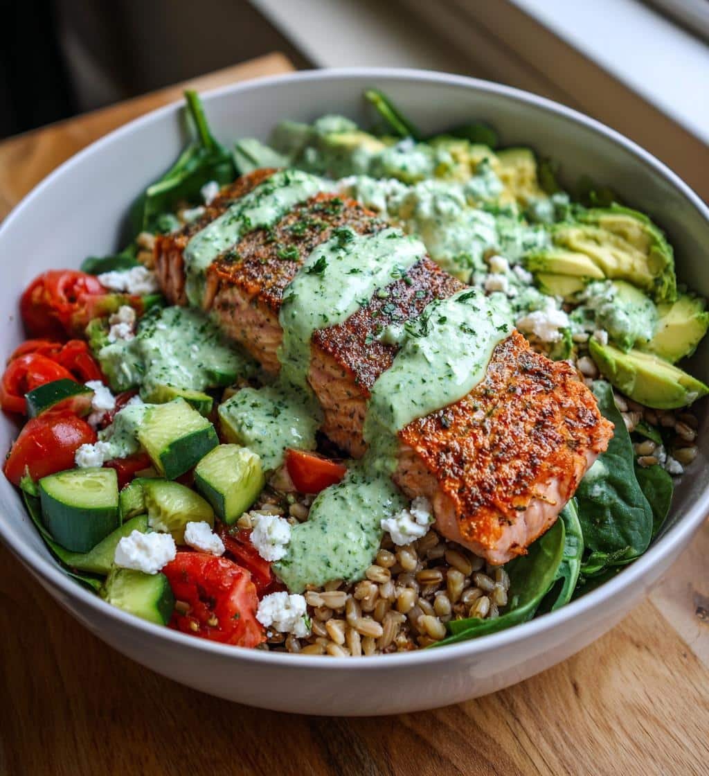 Healthy Salmon Farro Bowl with Green Goddess Dressing