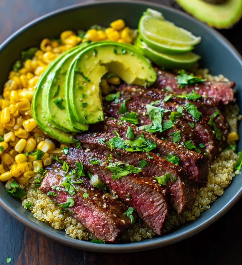 Healthy Steak Avocado Roasted Corn Bowl