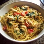 Healthy easy creamy crockpot chicken spaghetti