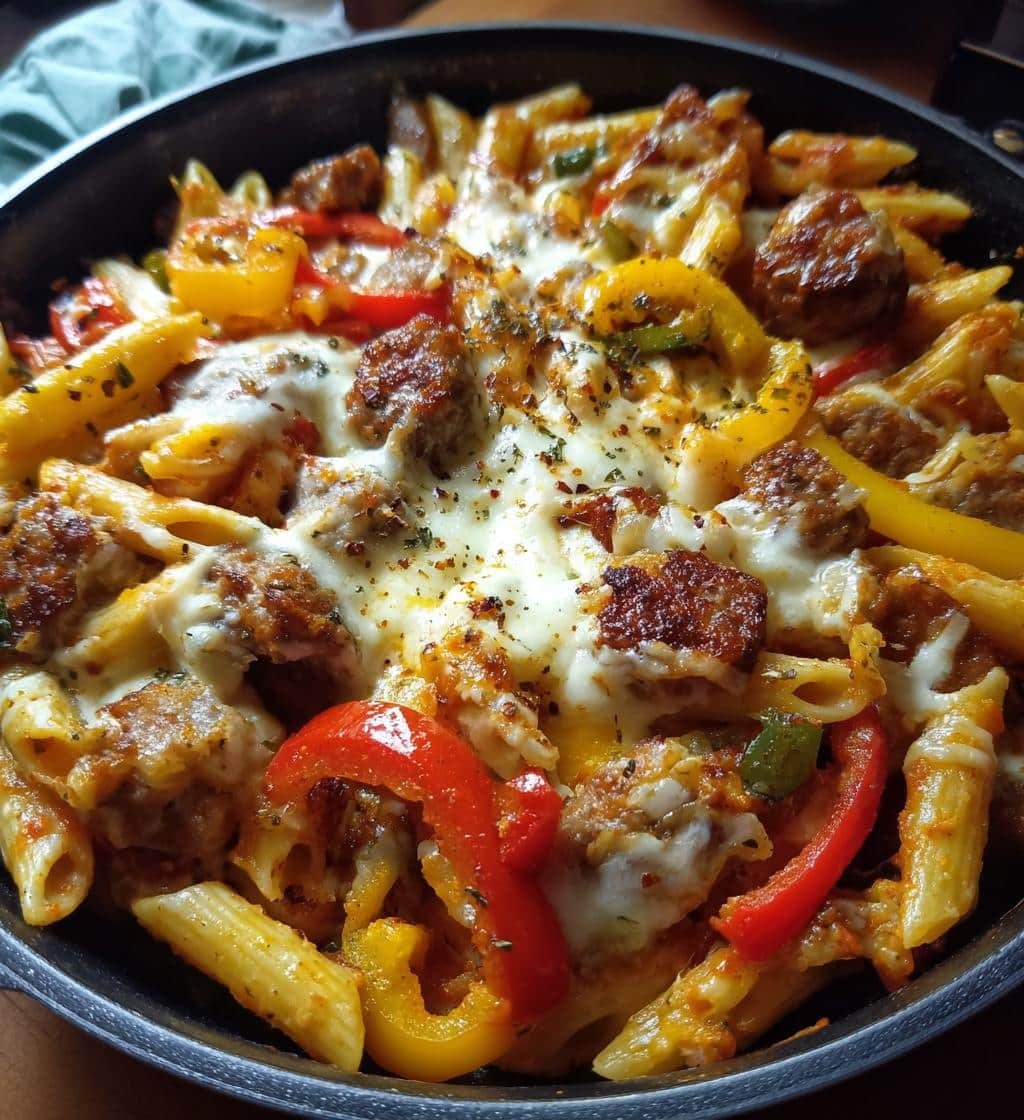 One Pan Sausage Pepper Alfredo with Melty Cheese