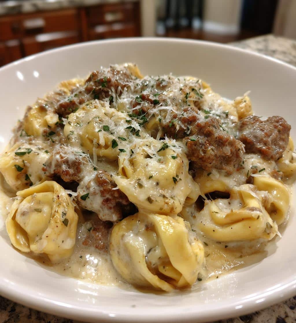 Cheesy Ground Beef Tortellini in Creamy Garlic Herb Parmesan Sauce
