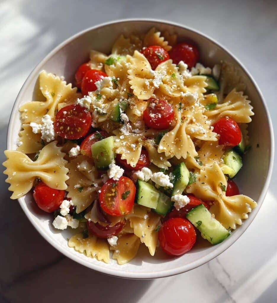 Healthy Greek Pasta Salad with Bowtie Pasta and Feta
