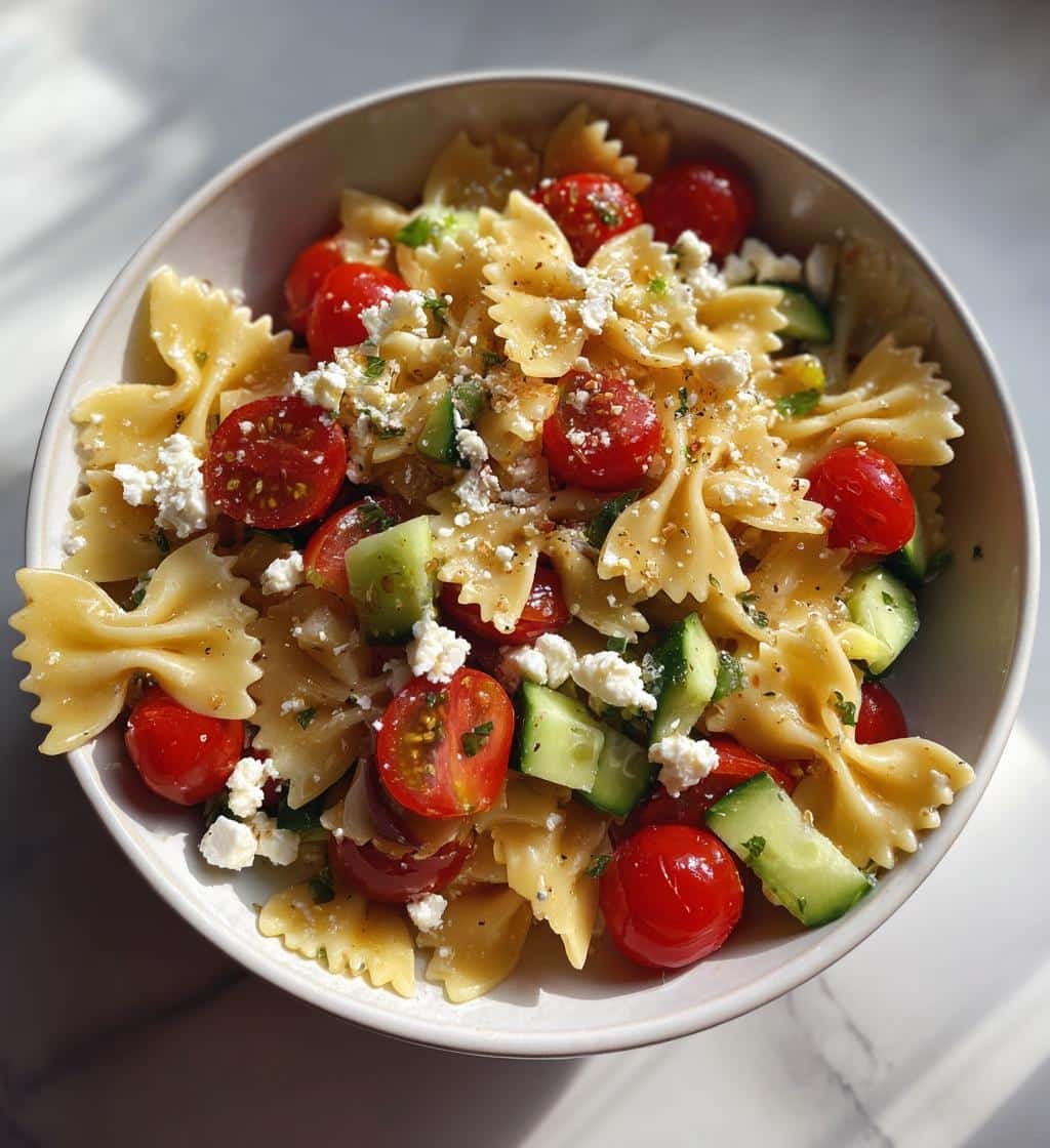 Healthy Greek Pasta Salad with Bowtie Pasta and Feta