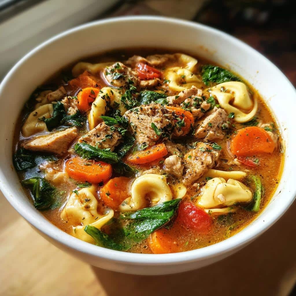 Healthy Homemade Crockpot Turkey & Spinach Tortellini Soup - detail 1
