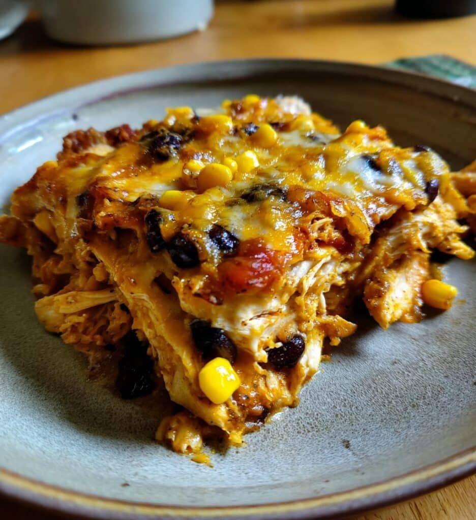 Healthy crockpot Creamy Chicken Enchilada Casserole