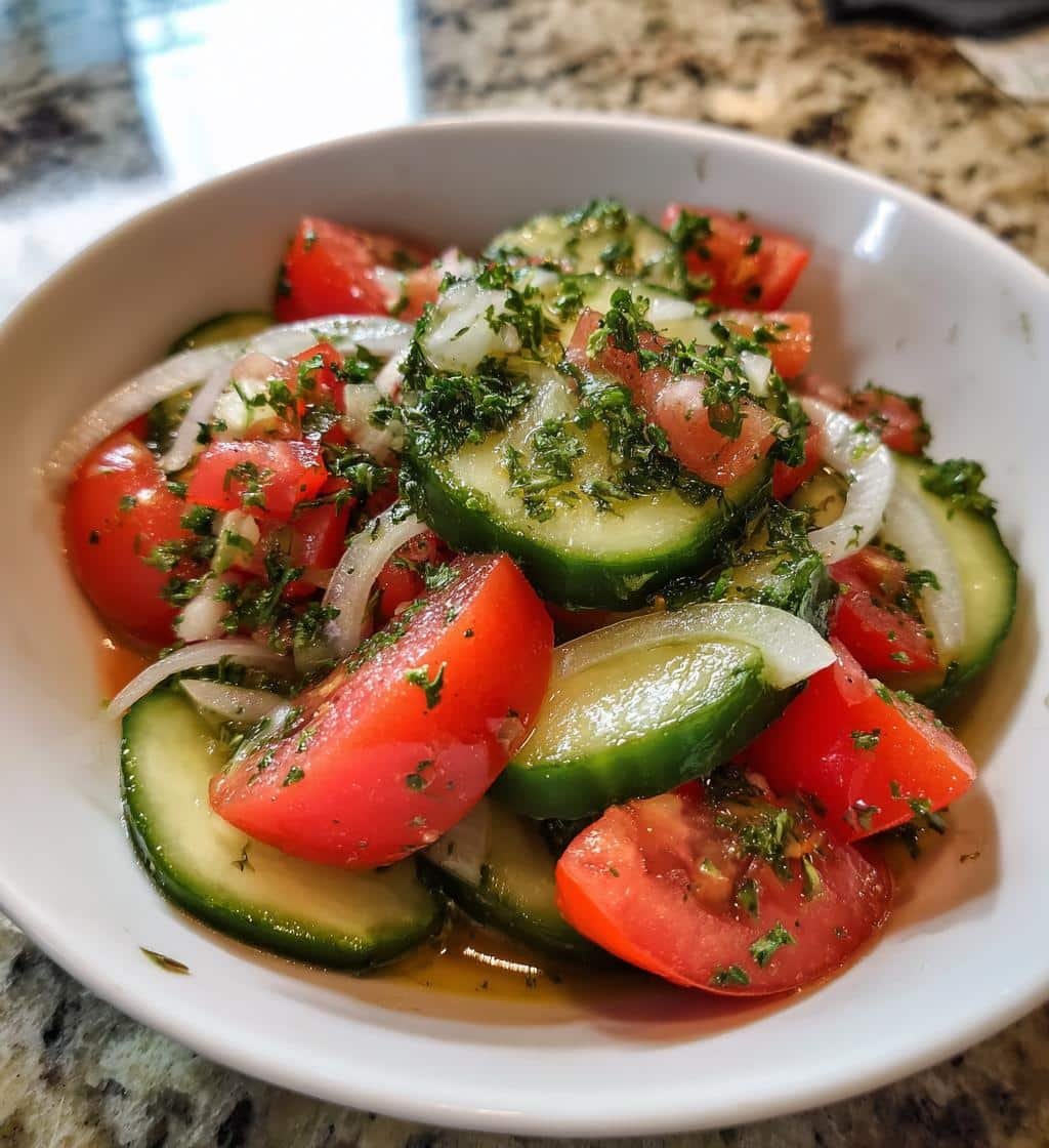 Quick Marinated Cucumbers, Onions, and Tomatoes salad - detail 1