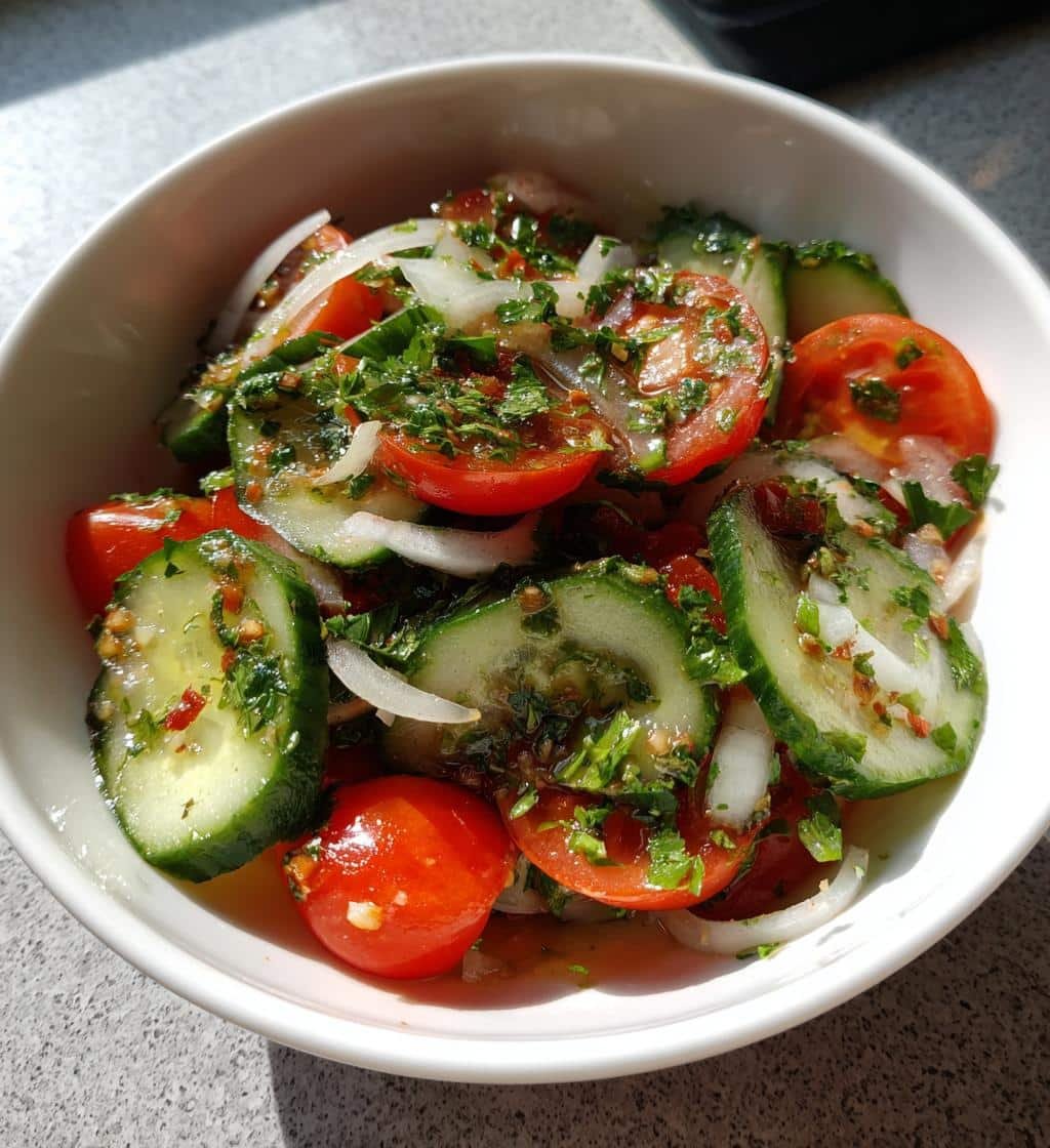 Quick Marinated Cucumbers, Onions, and Tomatoes salad