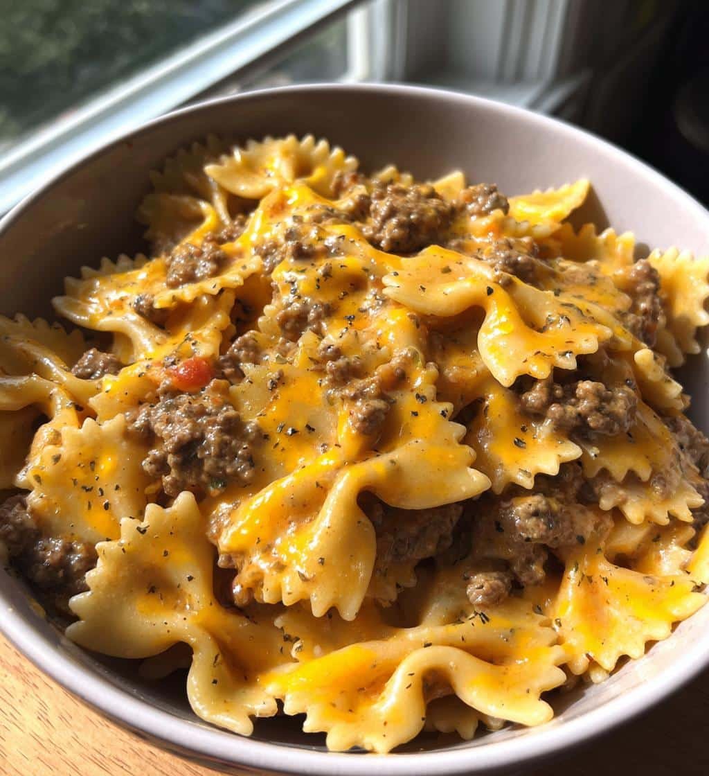 Cheesy Garlic Butter Beef and Bowtie Pasta