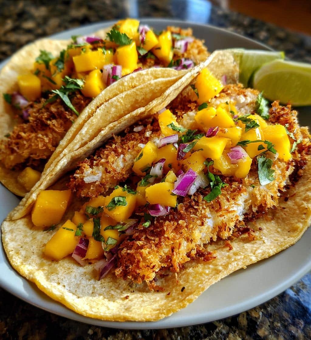 Healthy Coconut Fish Tacos with Mango Salsa