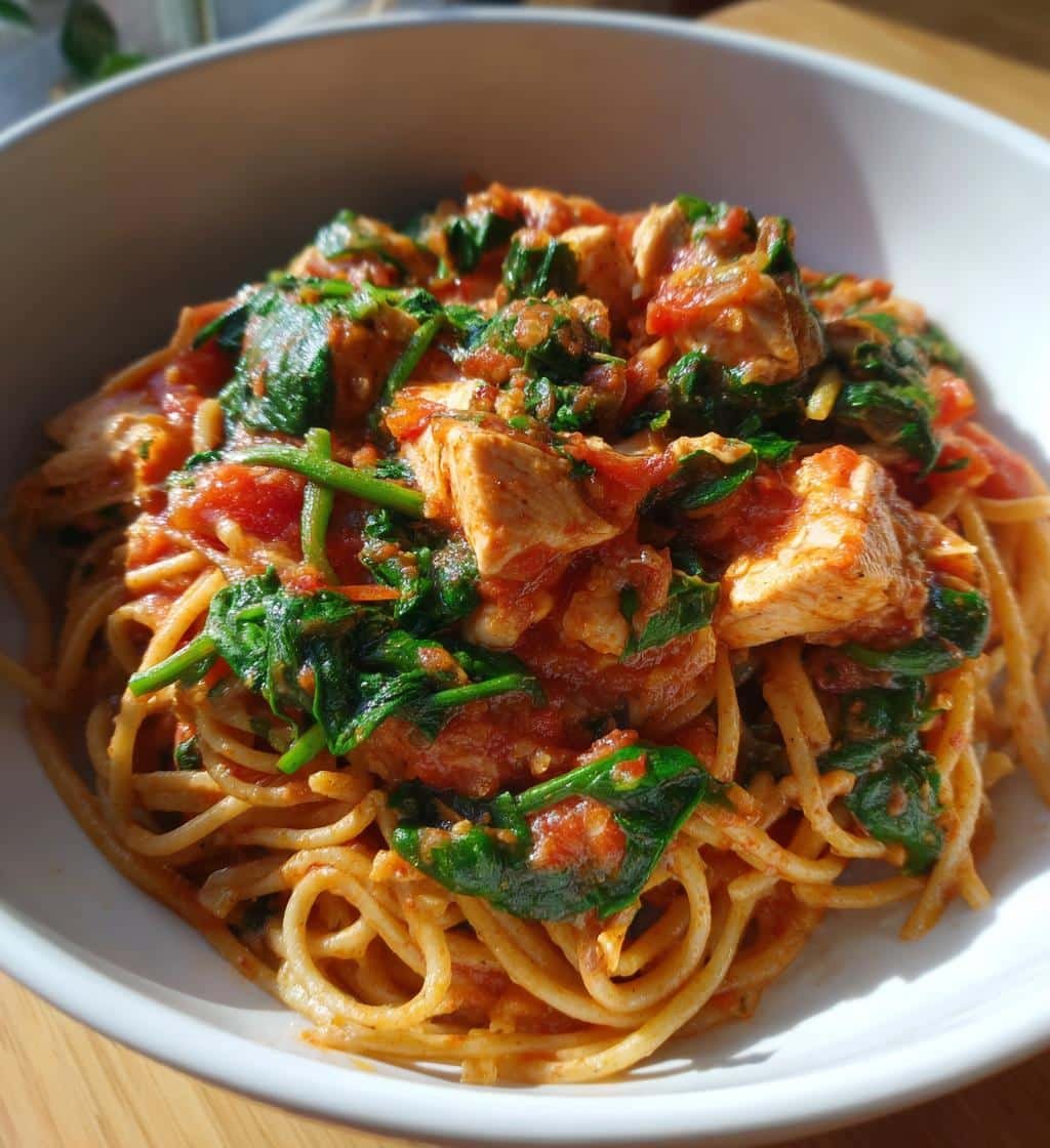 Healthy Crockpot Chicken Breast & Spinach Pasta
