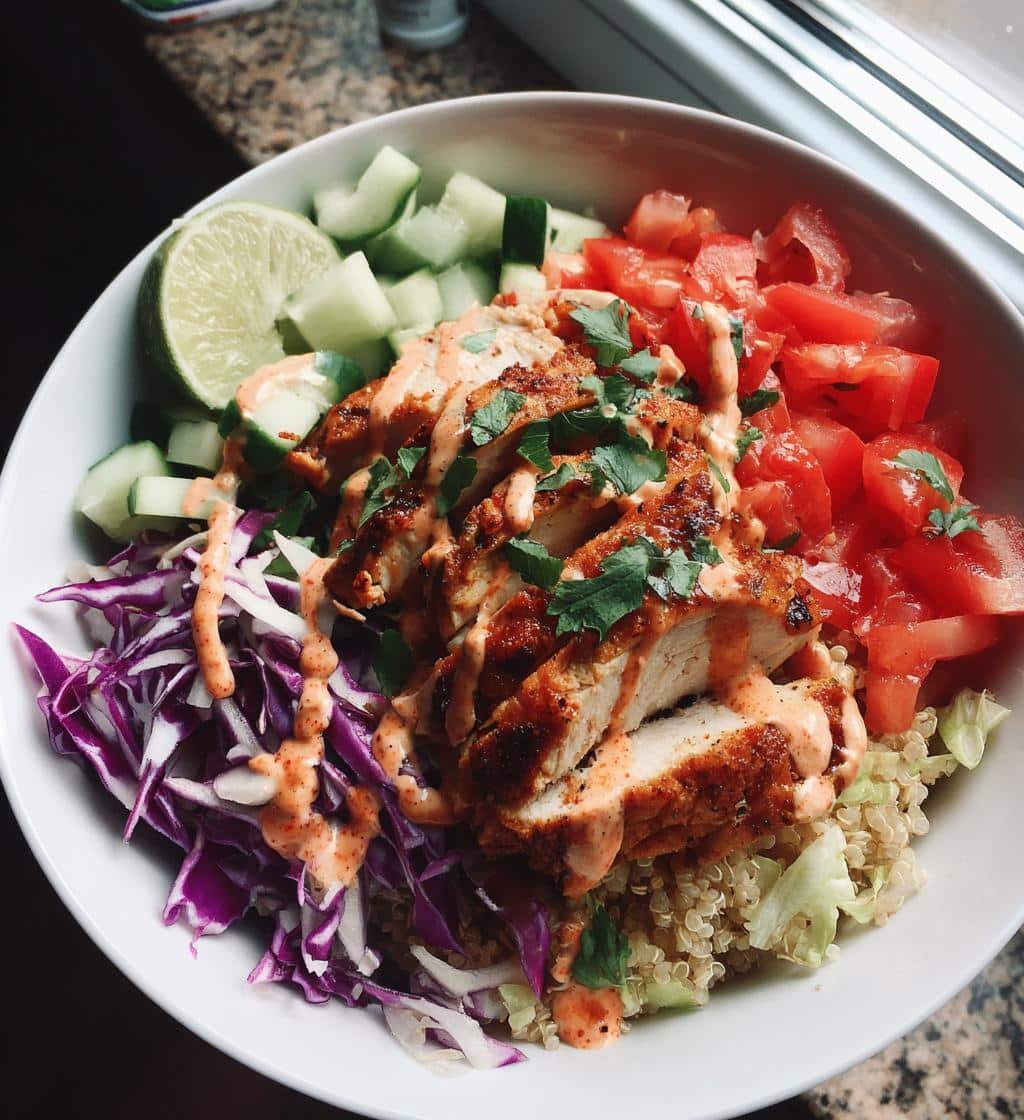 Healthy BBQ Ranch Chicken Quinoa Bowl with Red Cabbage - detail 1