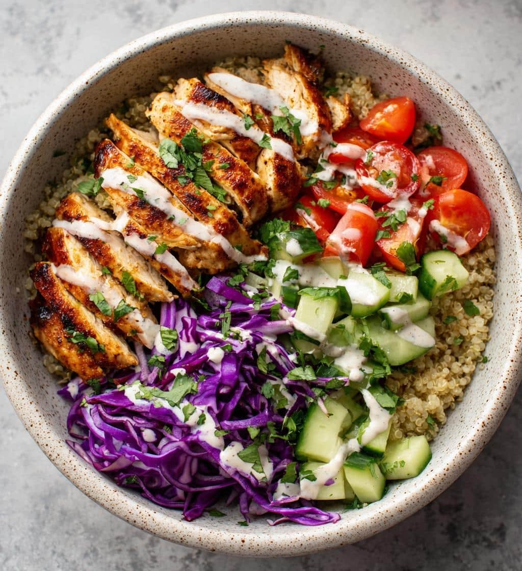 Healthy BBQ Ranch Chicken Quinoa Bowl with Red Cabbage