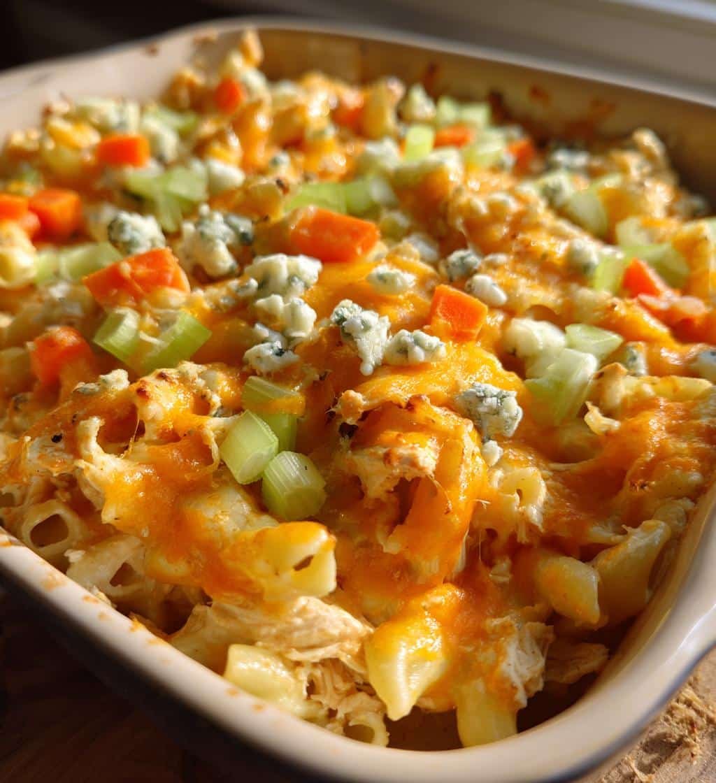 Healthy Buffalo Chicken Pasta Bake