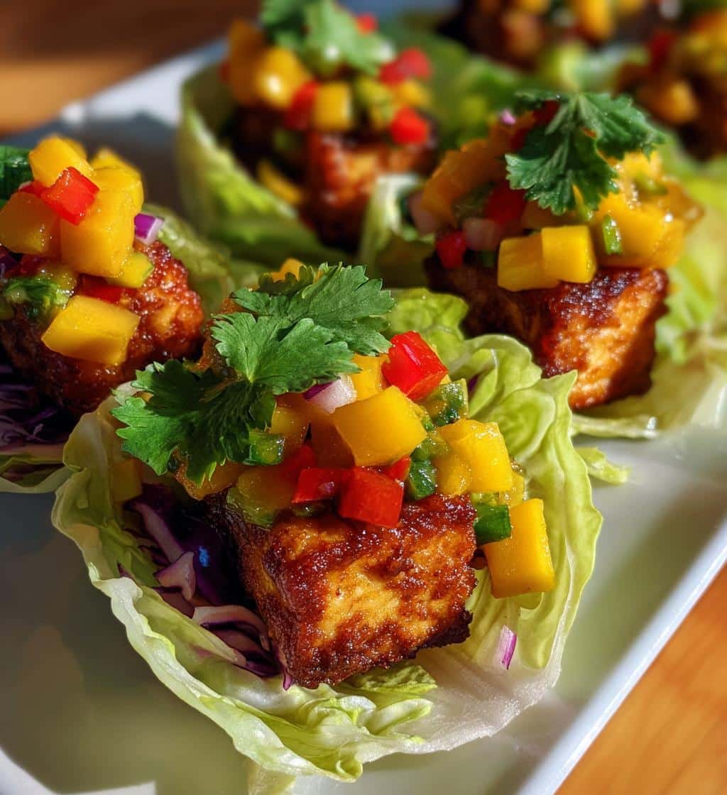 Healthy Crispy Tofu Mango Salsa Cabbage Wraps