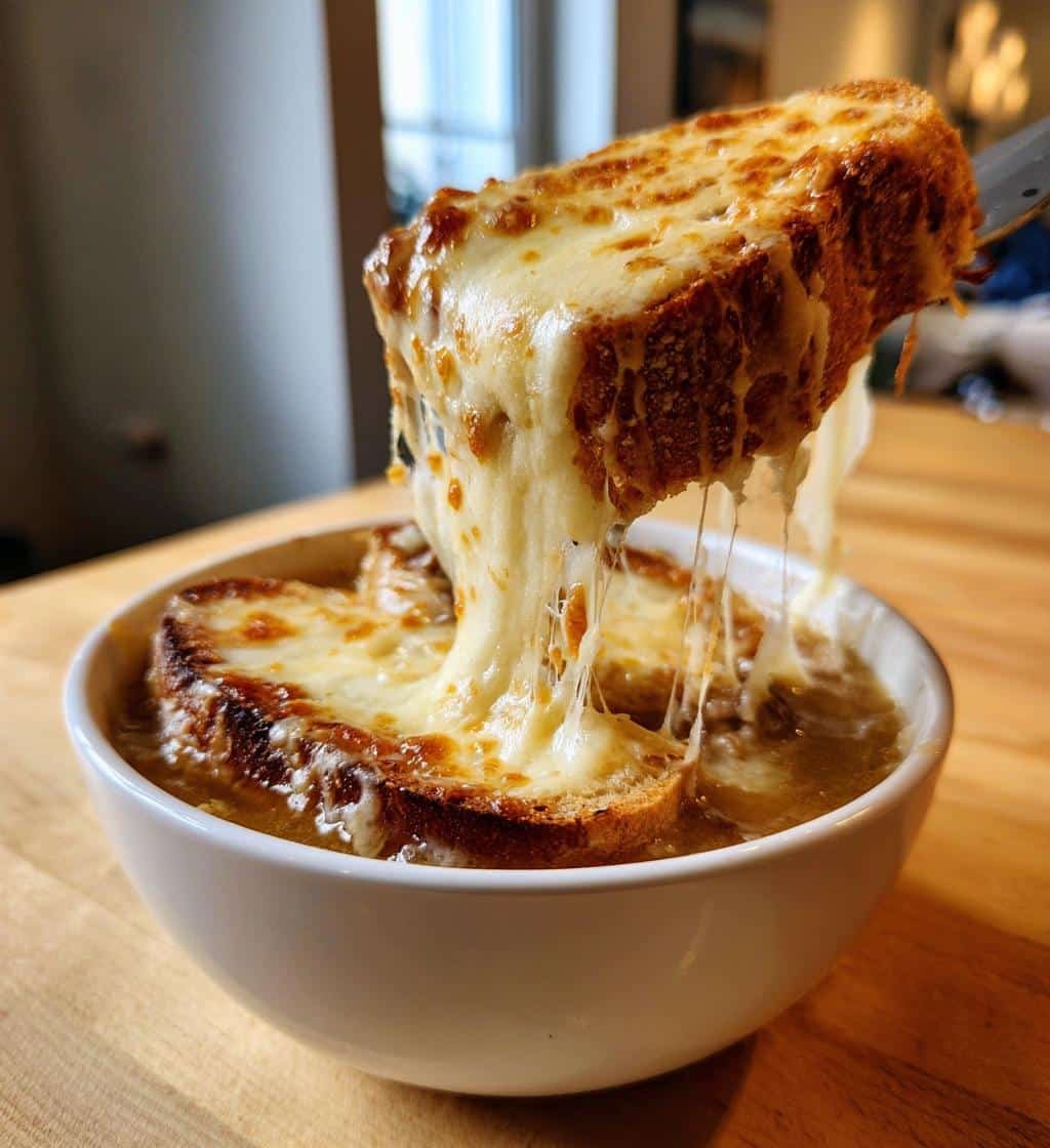 Healthy French Onion Short Rib Soup with Cheesy Gruyère