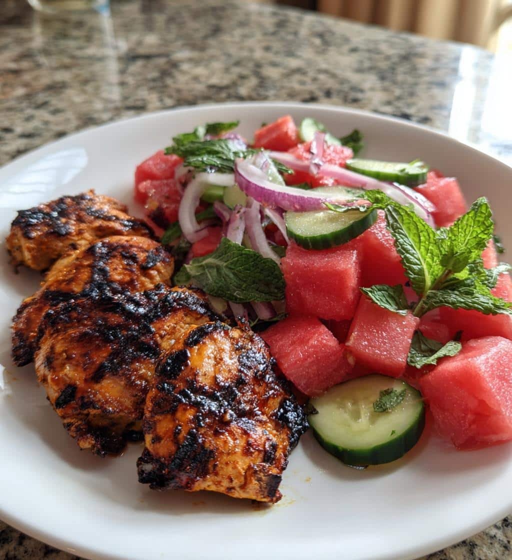 Healthy Grilled Lemon-Garlic Chicken with Watermelon Cucumber Salad Bowl - detail 1