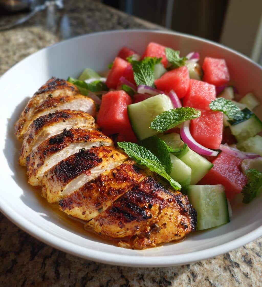 Healthy Grilled Lemon-Garlic Chicken with Watermelon Cucumber Salad Bowl