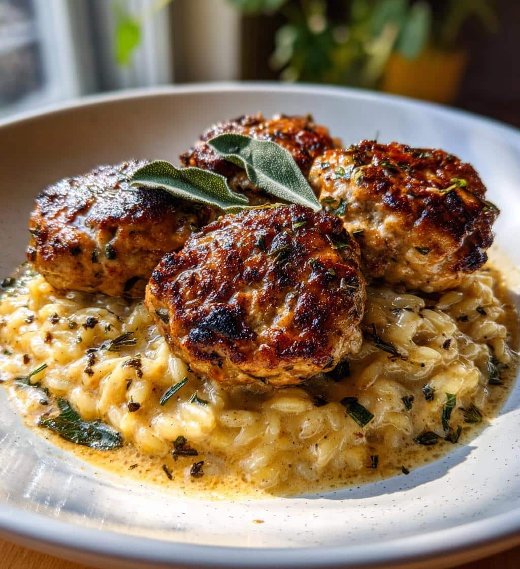 Healthy Sage Chicken Meatballs with Creamy Parmesan Orzo